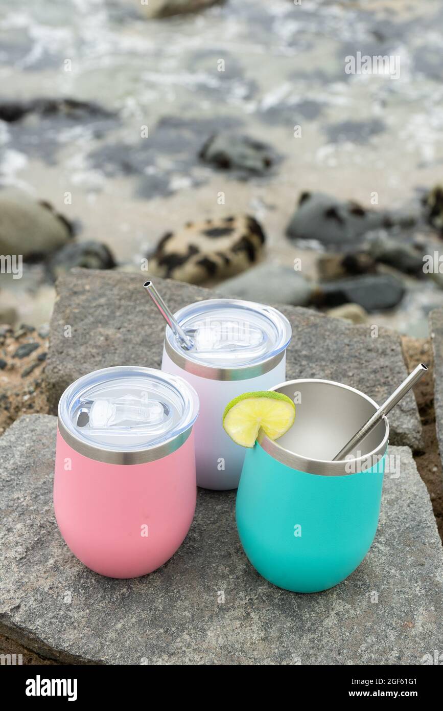 shakers de différentes couleurs sur des rochers avec le fond de l'océan, la mer Banque D'Images