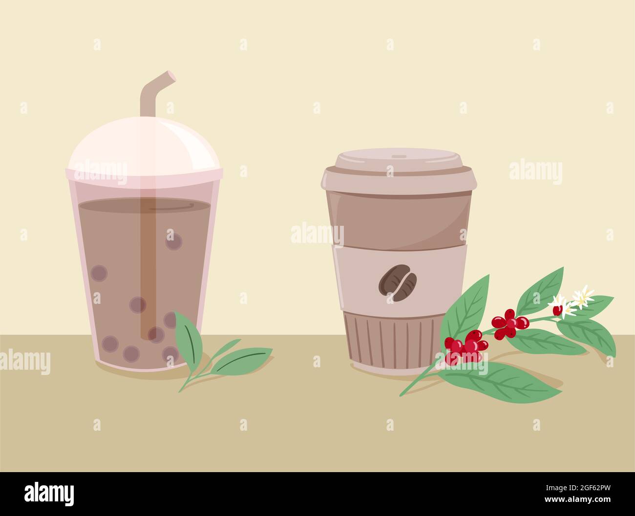 Ensemble de boissons dans différentes tasses. Thé au lait et café. Illustration du vecteur plat. Illustration de Vecteur