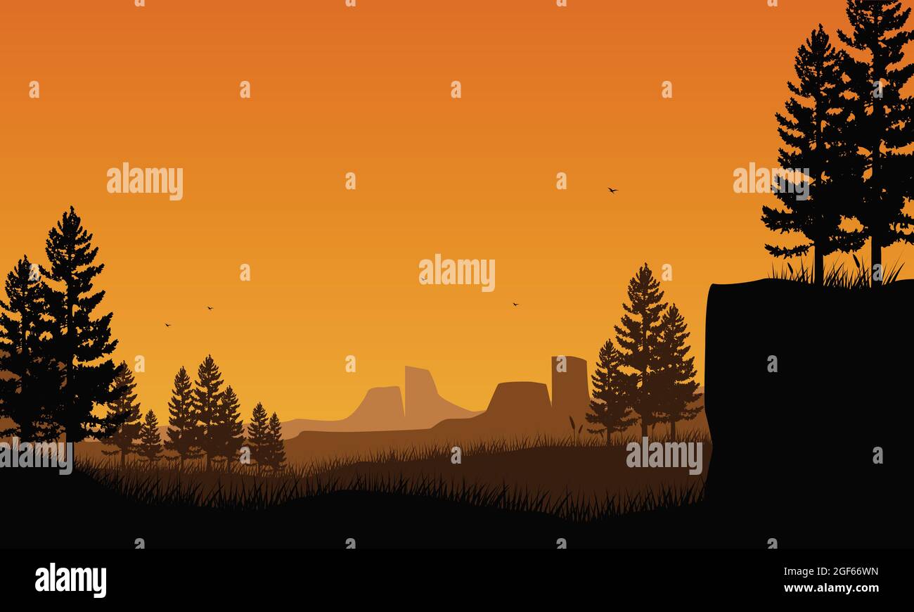 Vue fantastique sur les montagnes avec la silhouette de pins de la campagne au crépuscule dans l'après-midi. Illustration vectorielle d'une ville Illustration de Vecteur