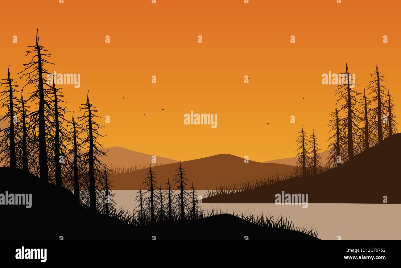 Vue fantastique sur les montagnes depuis les berges au crépuscule avec silhouettes d'arbres secs. Illustration vectorielle d'une ville Illustration de Vecteur