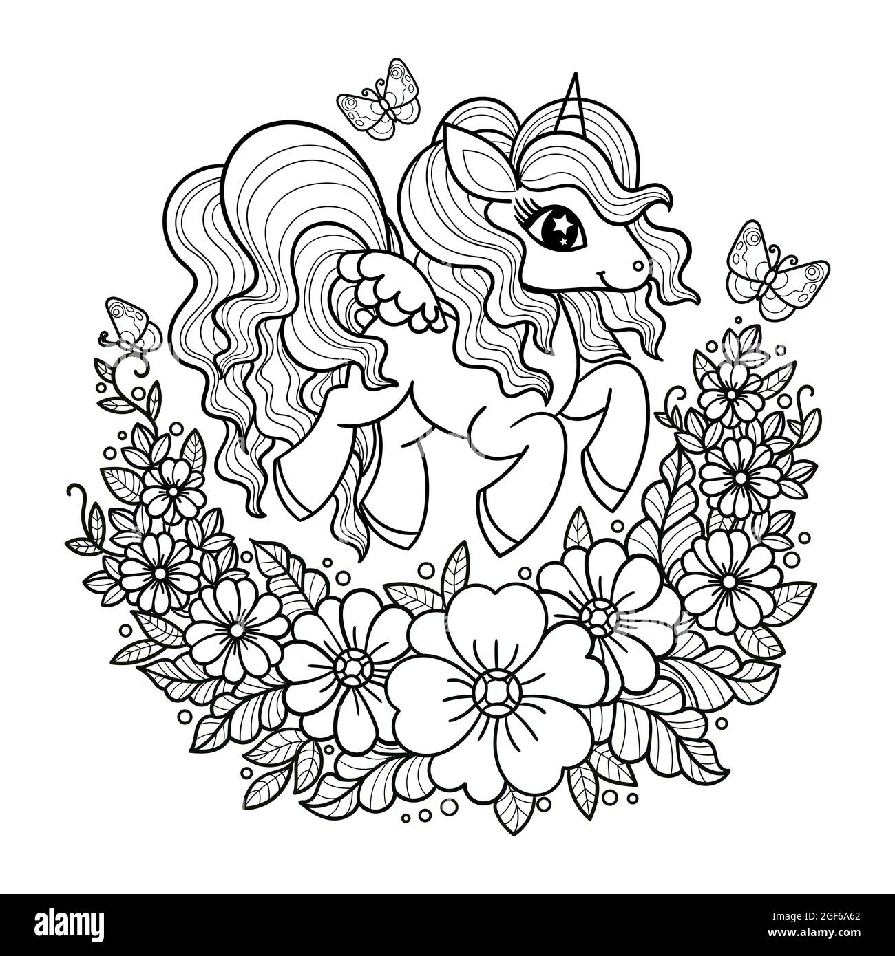 mignonne petite licorne parmi les fleurs et les papillons. Vecteur Illustration de Vecteur