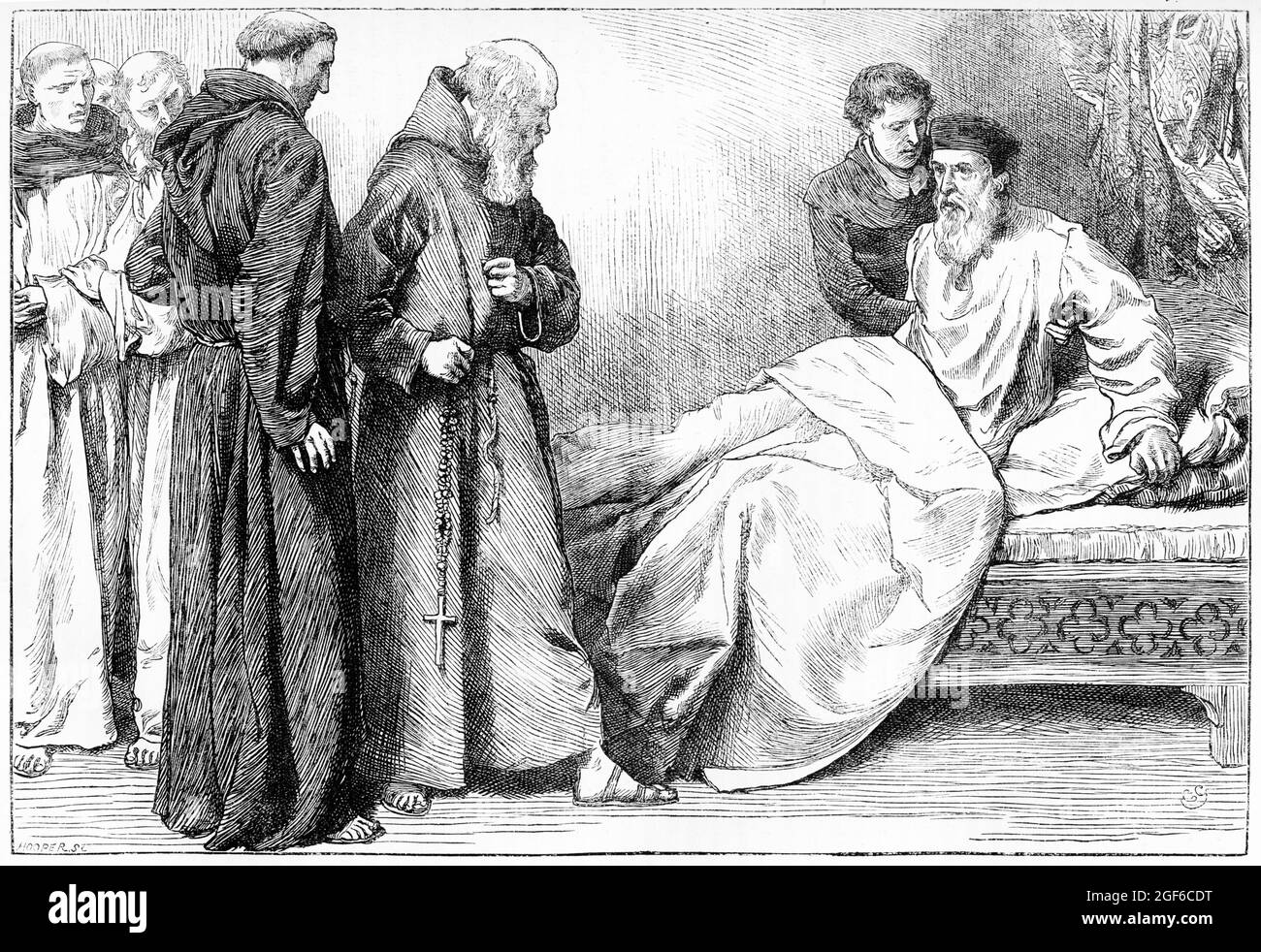 Gravure de John Wycliffe face aux moines dans son lit Banque D'Images Gravure de John Wycliffe face aux moines dans son lit Banque D'Images