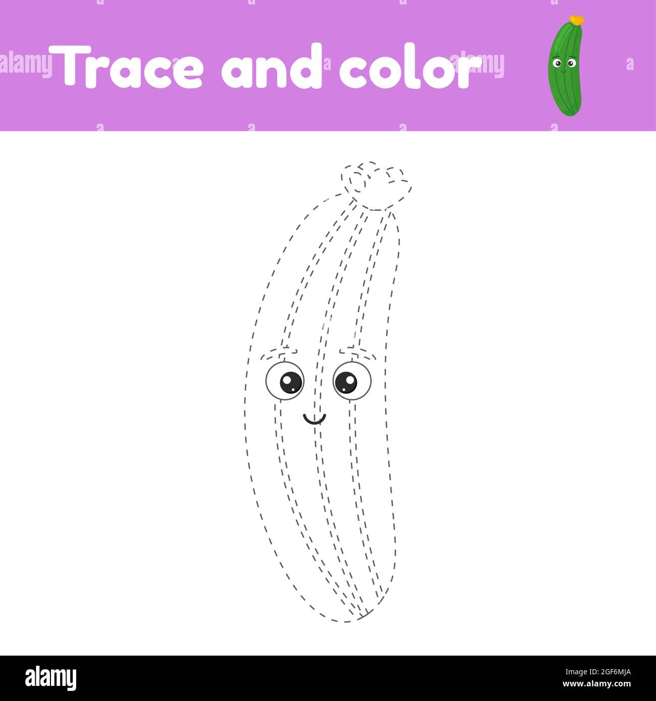 Livre de coloriage avec un mignon concombre de légumes. Pour les enfants d'âge maternelle, préscolaire et scolaire. Feuille de travail de suivi. Développement des compétences en moteurs fins et han Illustration de Vecteur