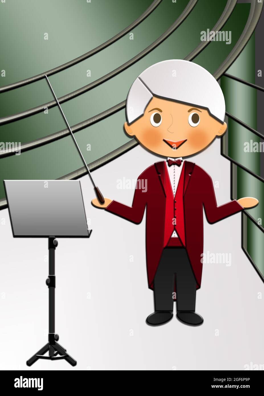 Dessin animé d'un mignon Happy Music Conductor dirigeant un orchestre sur scène. Cette illustration fait partie d'une collection de professions différentes. Banque D'Images
