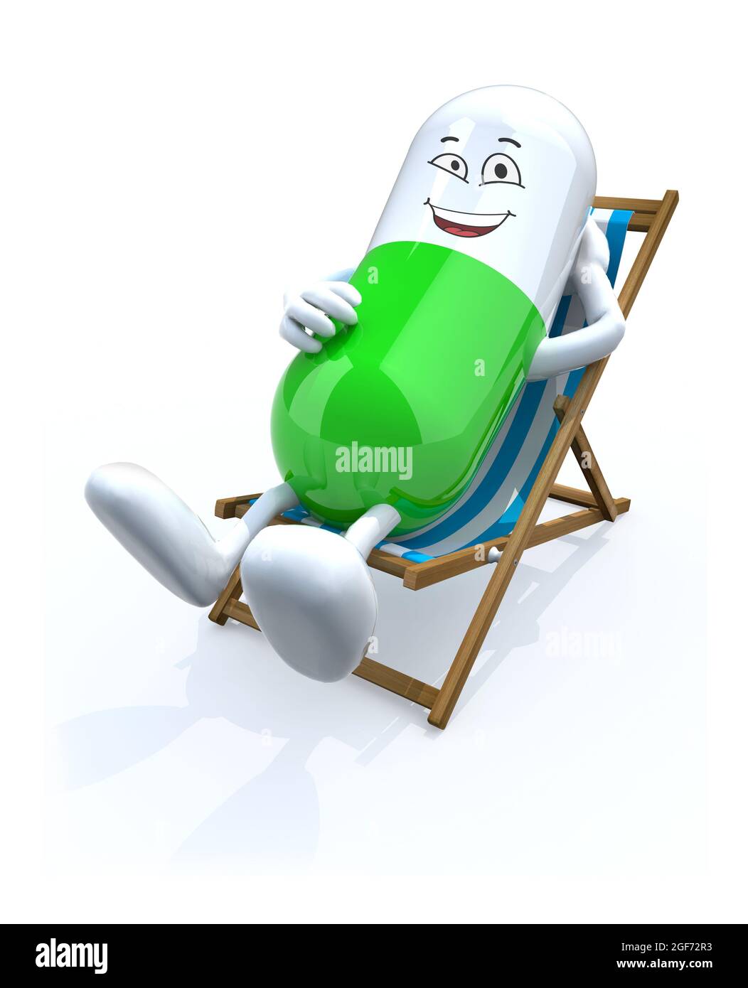 Mignonne bonne santé Happy Pill dormir et se détendre sur une chaise de plage, illustration 3d Banque D'Images