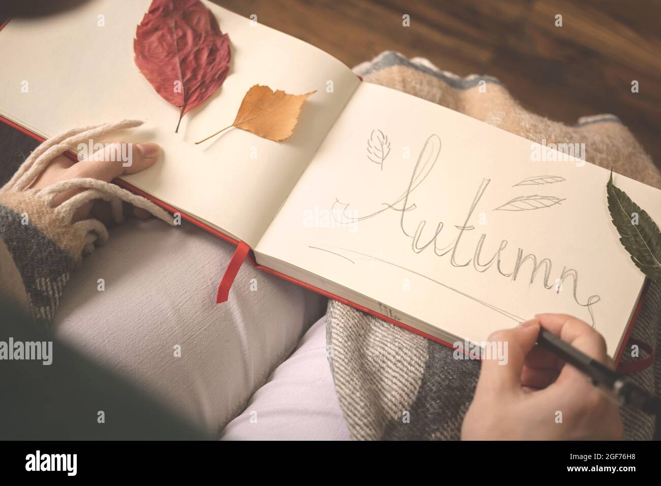 Scène d'automne ou d'automne. Carnet avec texte écrit à la main d'automne, feuilles sur papier. Arrière-plan hygge Banque D'Images