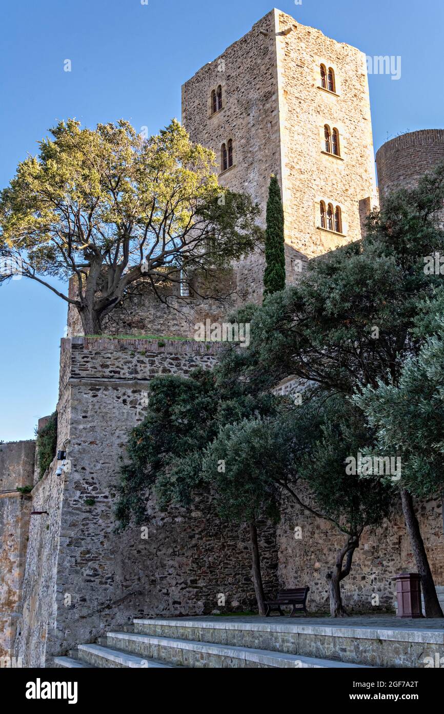 Vue sur Collioure (Cotlliure en catalan) avec le Château, Pyrénées-Orientales, France. Banque D'Images