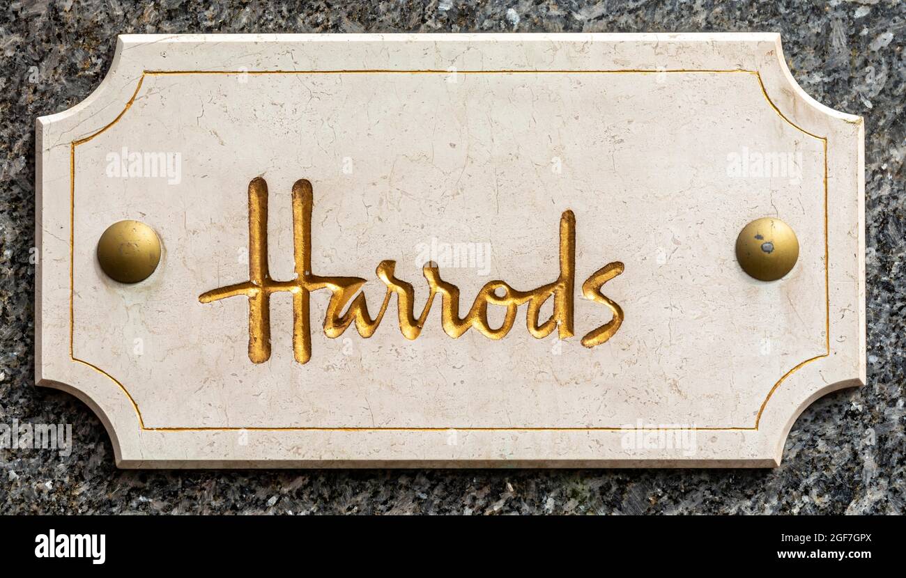 Lettres dorées Harrods, grands magasins de luxe, Angleterre, Grande-Bretagne Banque D'Images