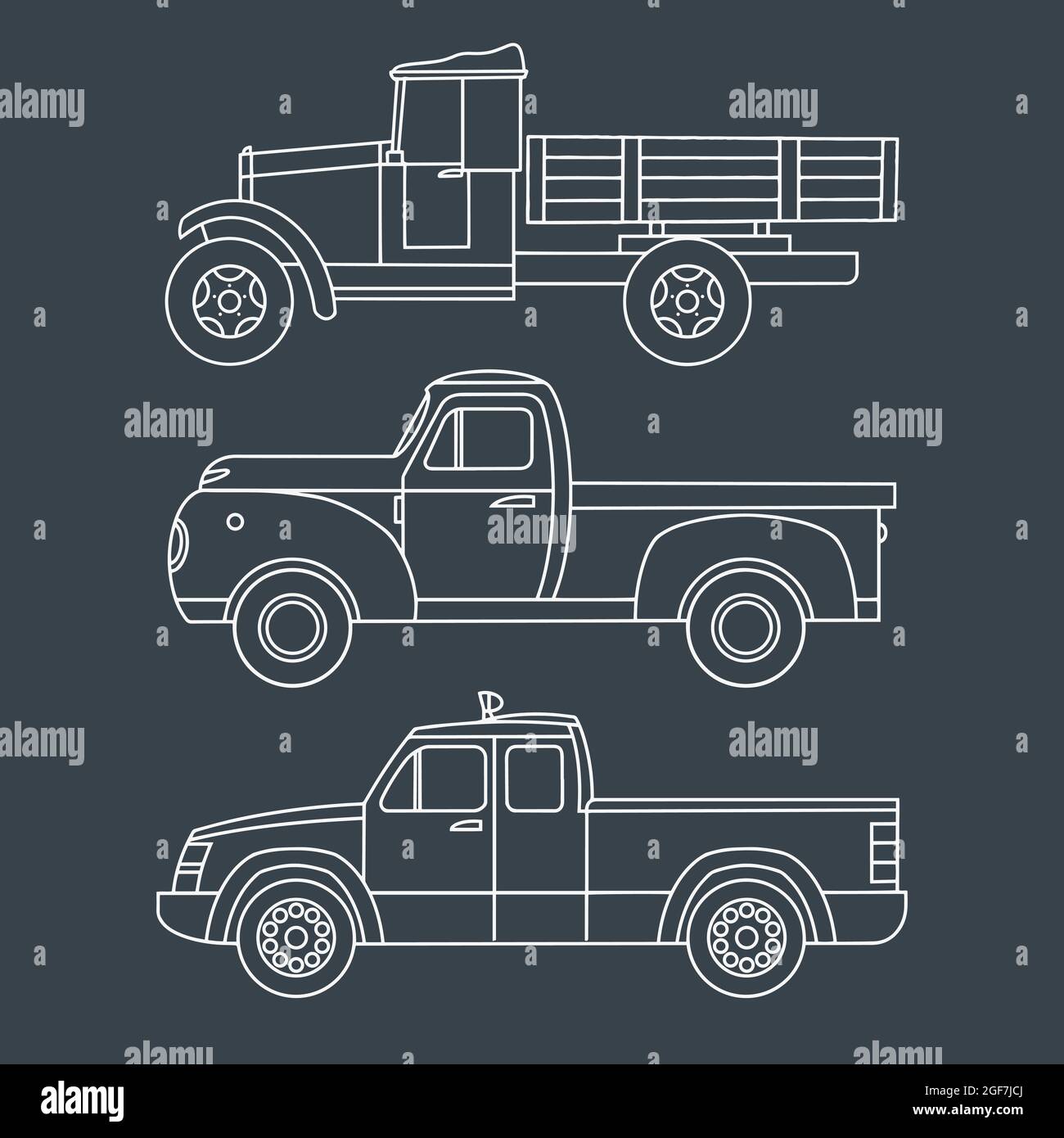 Jeu de camions d'époque. Dessin linéaire sur fond sombre. Illustration vectorielle Illustration de Vecteur