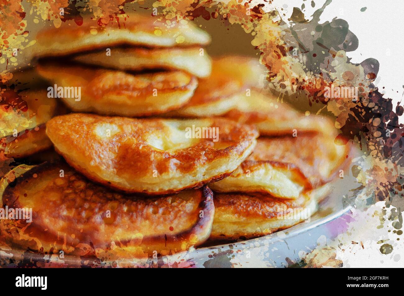 Une pile de beignets frits sur une assiette. Cuisine traditionnelle maison. Crêpes. Aquarelle numérique. Banque D'Images
