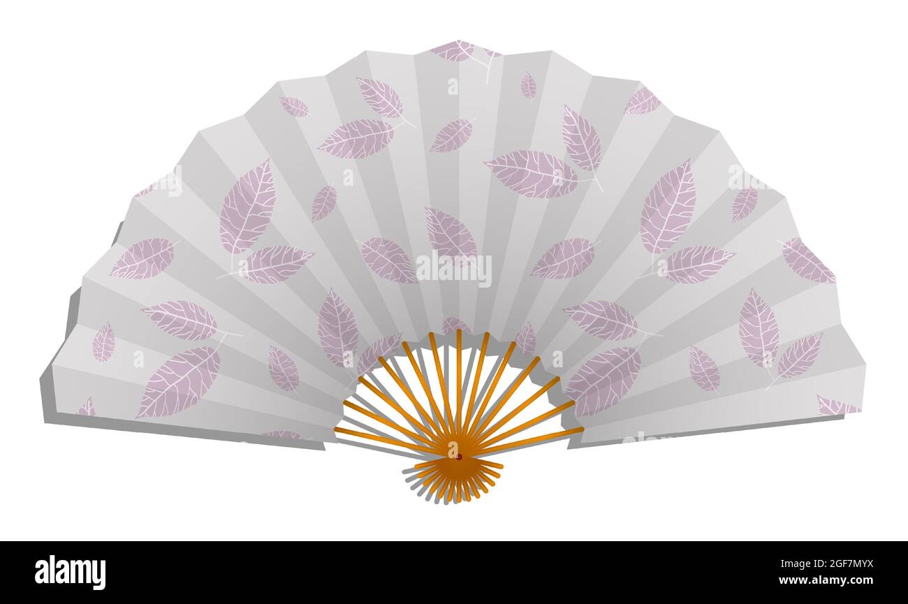 Papier réaliste Fan pliant femelle de geisha japonais avec motif de feuilles de plante. Vecteur isolé sur fond blanc Illustration de Vecteur