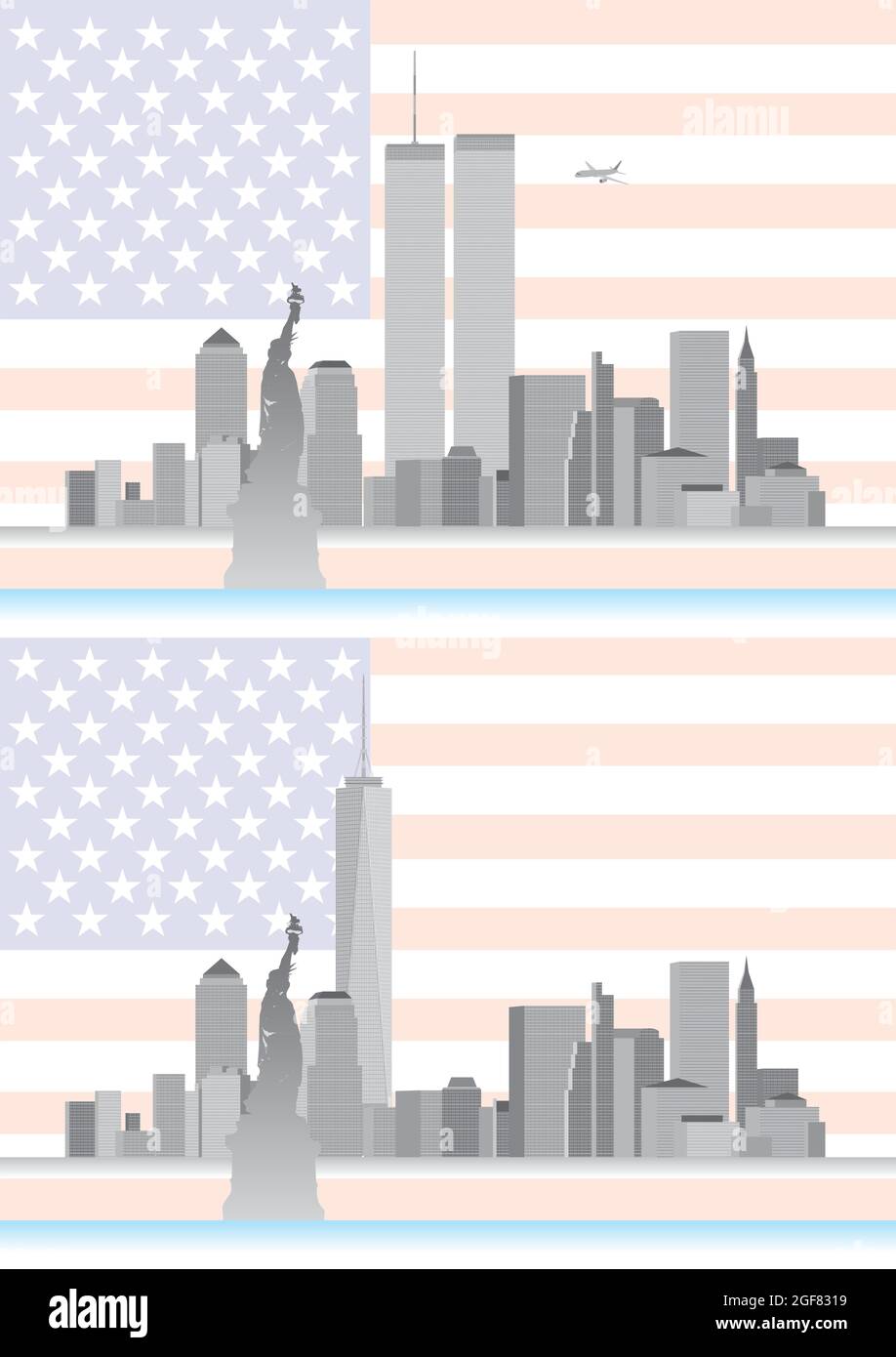 WTC, ancien et nouveau World Trade Center, New York, États-Unis d'Amérique, horizon avant et après le 9/11, illustration vectorielle Illustration de Vecteur