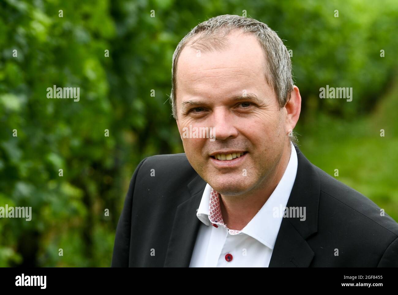 24 août 2021, Saxe-Anhalt, Gleina: Hans Albrecht Zieger, directeur général de l'association des vignerons de Freyburg, occupe un vignoble dans le Dorndorf Rappental. Les vignerons de l'association des vignerons de Freyburg-Unstrut se dirigent maintenant pour la récolte en septembre. Quand exactement les vignes seront plantées sera décidé dans les prochaines semaines. La condition préalable pour cela est le bonituren annuel. Ici, tous les vignobles de près de 380 membres sont examinés avec expertise et les qualités et les quantités à attendre sont estimées. Aujourd'hui, les raisins pour les vins blancs, rouges et rosés poussent sur une superficie de Banque D'Images