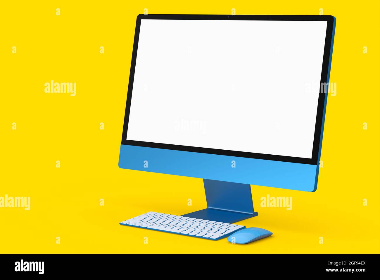 Écran d'ordinateur bleu réaliste avec clavier et souris isolés sur fond jaune. Rendu 3D du moniteur pour l'espace de travail de studio à domicile Banque D'Images Écran d'ordinateur bleu réaliste avec clavier et souris isolés sur fond jaune. Rendu 3D du moniteur pour l'espace de travail de studio à domicile Banque D'Images