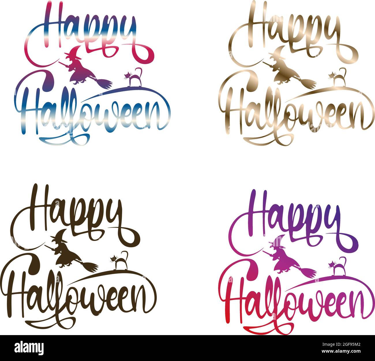 Ensemble de typographie Happy Halloween avec chat sorcière volant et dégradé Illustration de Vecteur