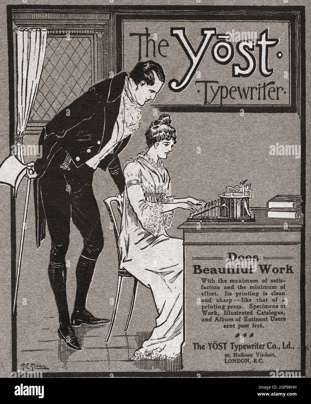 Publicité pour la machine à écrire Yost. Yosts ont été réalisés par la Yost Writing machine Company de Bridgeport, Connecticut. Ils ont été l'invention de George Washington Newton Yost (1831 - 1895). Du connaisseur, publié en juillet 1902. Banque D'Images