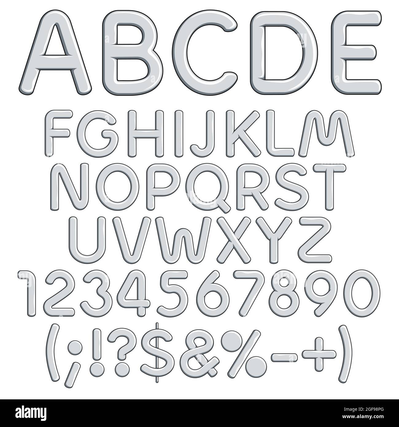Alphabet, lettres, chiffres et signes argentés. Objets vectoriels isolés sur fond blanc. Illustration de Vecteur