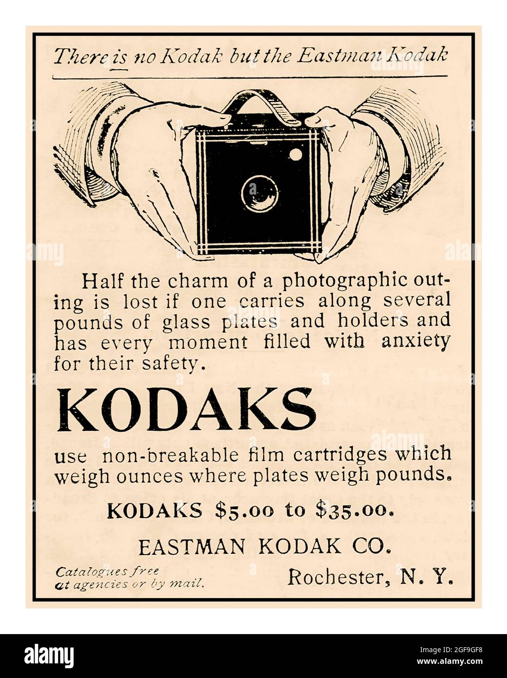 Archive vintage Eastman Kodak Press annonce pour l'appareil photo « KODAKS » utilisant des cartouches de film au lieu de plaques de verre fragiles et lourdes. 1900 Rochester NY Etats-Unis «il n'y a pas de Kodak mais le Eastman Kodak» Banque D'Images