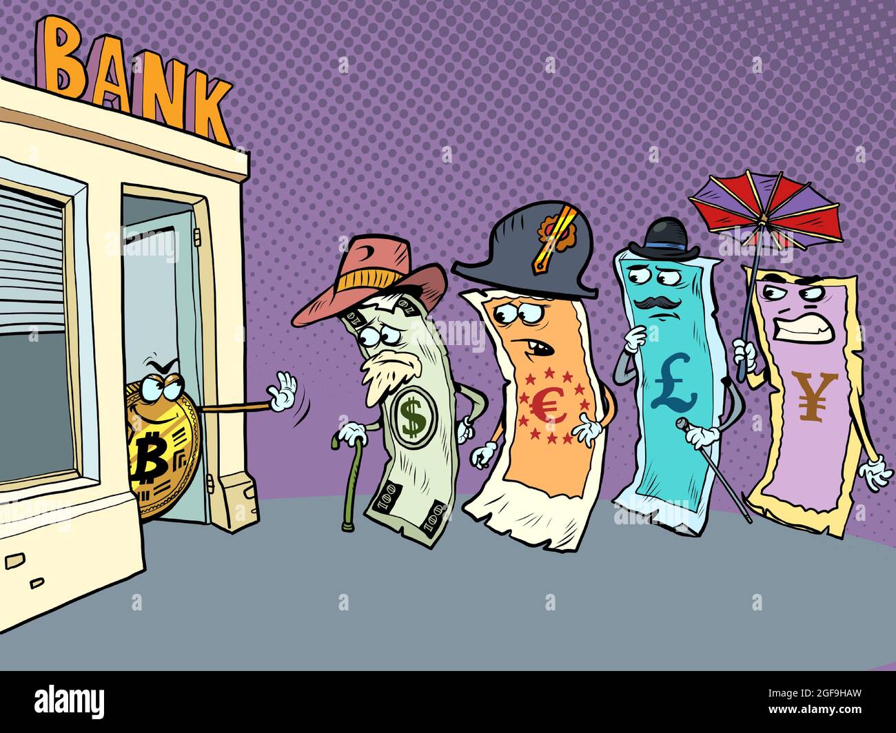 Crypto-monnaie contre argent comptant. Bitcoin ne laisse pas le dollar, le yen, la livre et l'euro dans la banque Illustration de Vecteur