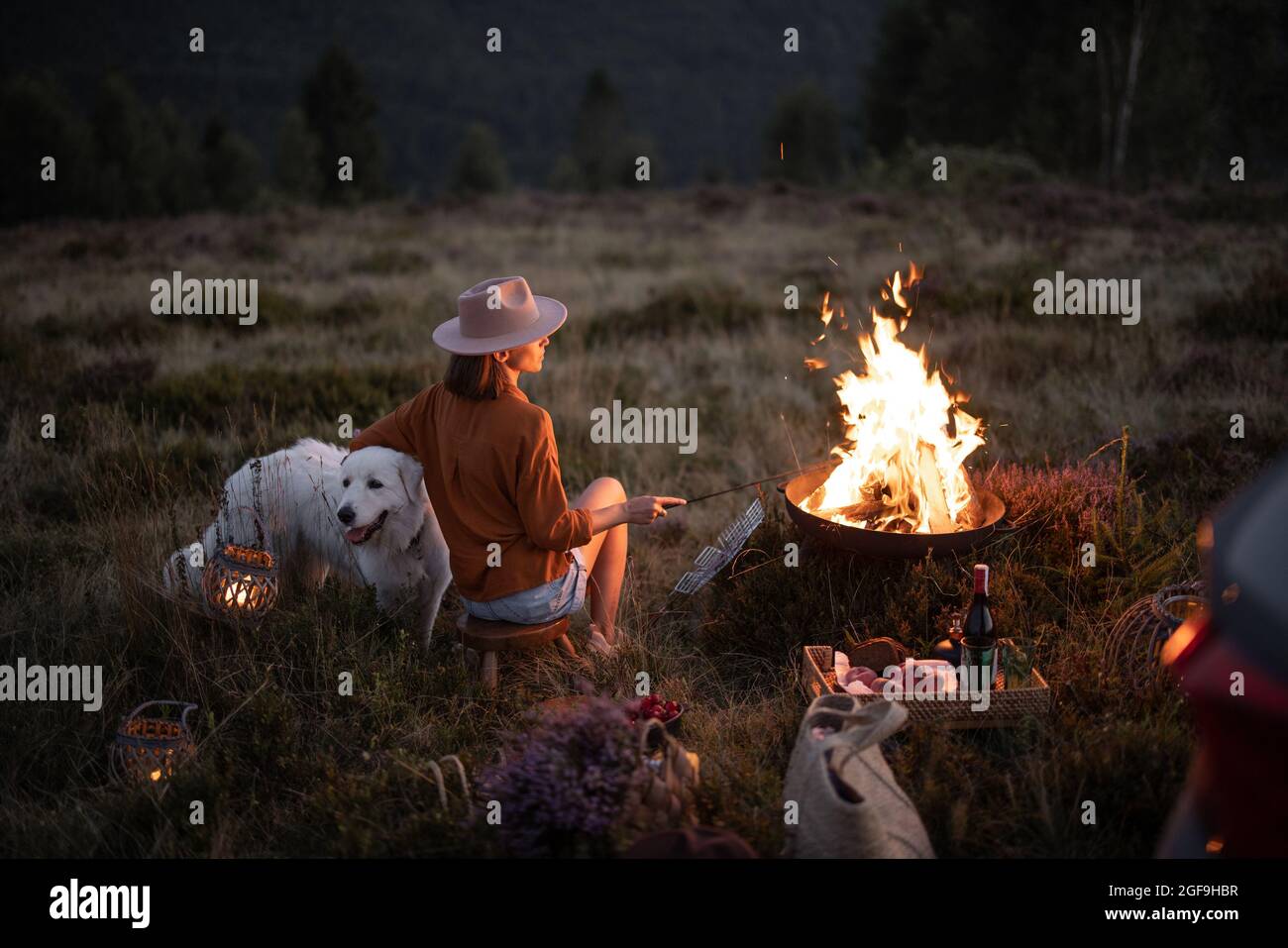 Femme au pique-nique dans les montagnes Banque D'Images