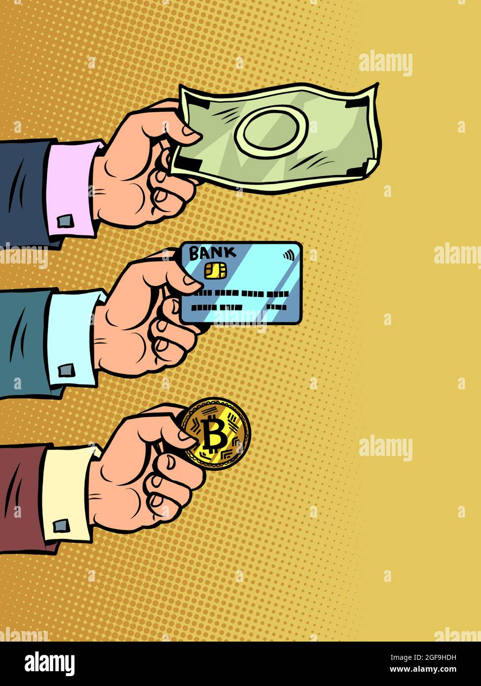 options de paiement, nous acceptons les espèces, les cartes bancaires et la crypto-monnaie Illustration de Vecteur