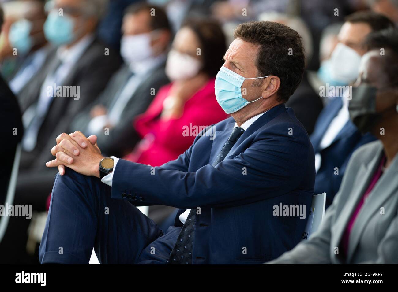 Association française des employeurs Medef Président Geofroy Roux de Bezieux lors de l'ouverture de la rencontre annuelle d'été Medef la Ref le 24 août 2021 sur le circuit de Longchamp à Paris. Photo de Raphael Lafargue/ABACAPRESS.COM Banque D'Images