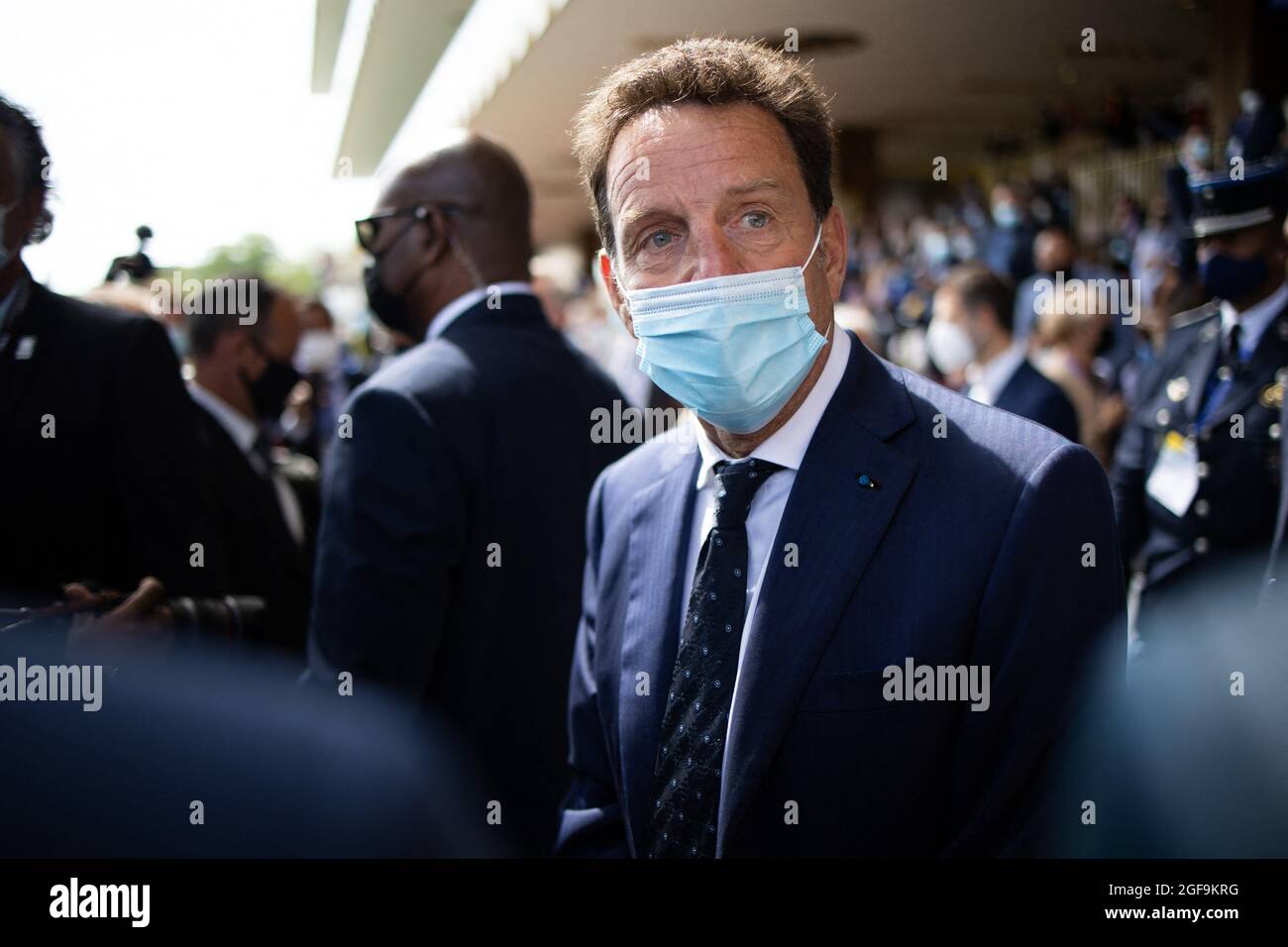 Association française des employeurs Medef Président Geofroy Roux de Bezieux lors de l'ouverture de la rencontre annuelle d'été Medef la Ref le 24 août 2021 sur le circuit de Longchamp à Paris. Photo de Raphael Lafargue/ABACAPRESS.COM Banque D'Images