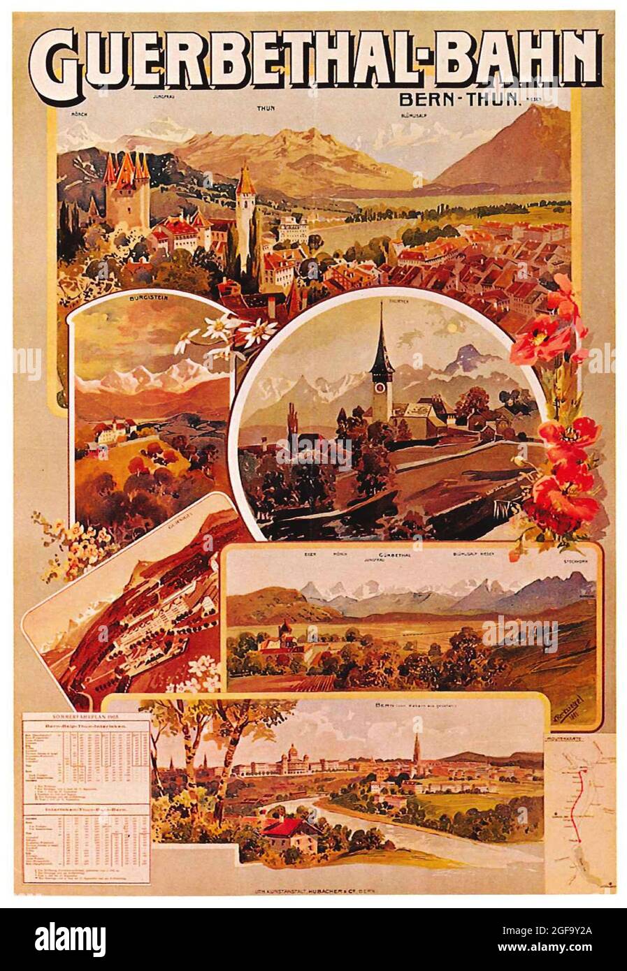Une affiche de voyage vintage pour le Gürbethal Bahn (chemin de fer de Berne-Belp-Thun) en Suisse Banque D'Images