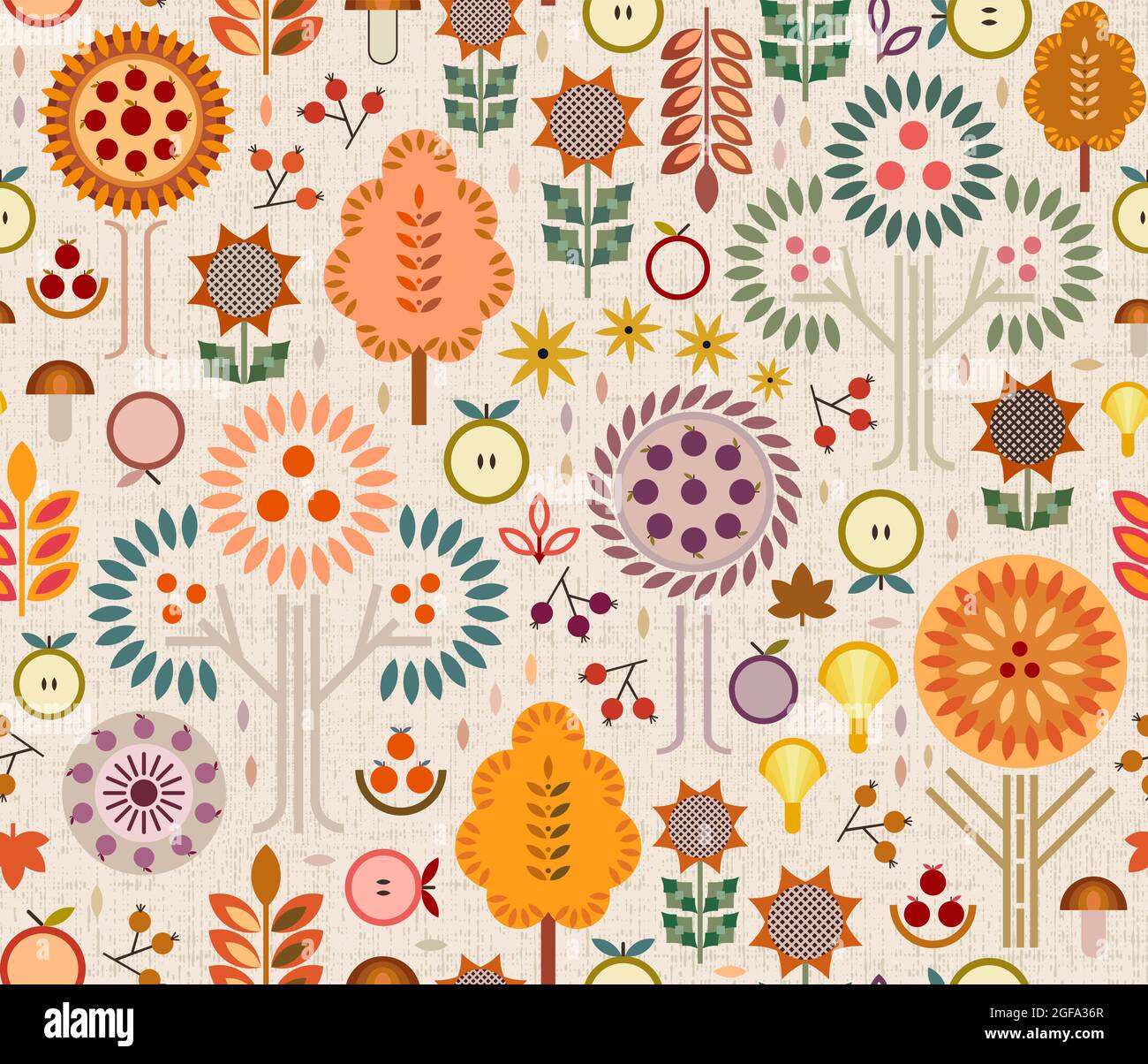 Saison de récolte d'automne concept avec des pommes, prunes, baies, champignons de forme unique, arbres avec des feuilles de couleur changeante, florals terreux géométriques. Illustration de Vecteur