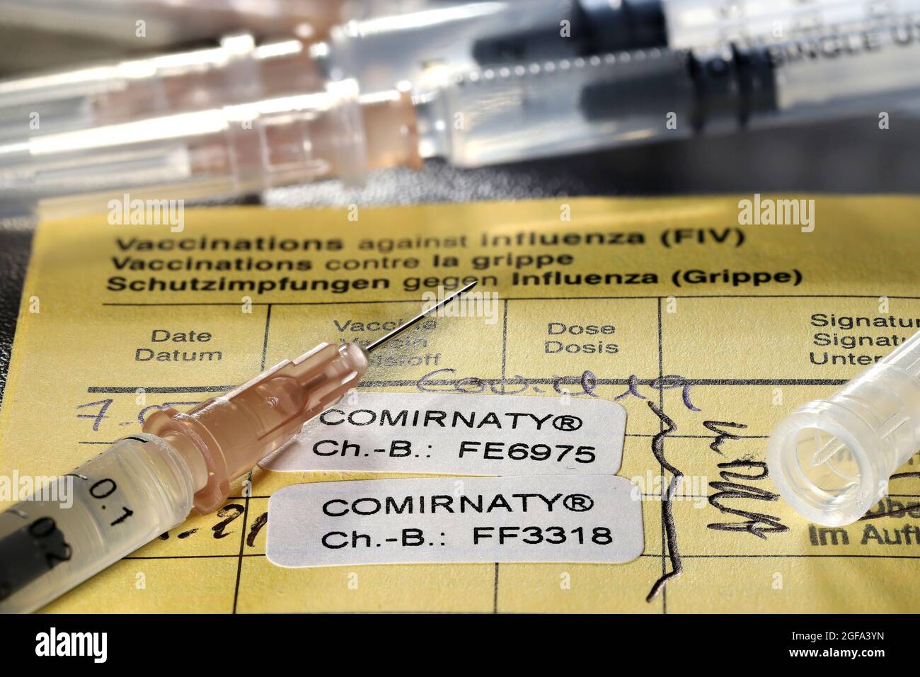 Documentation de la première et de la deuxième vaccination avec le vaccin BioNTech/Pfizer COVID-19 Comirnaty dans un certificat de vaccination international. Banque D'Images