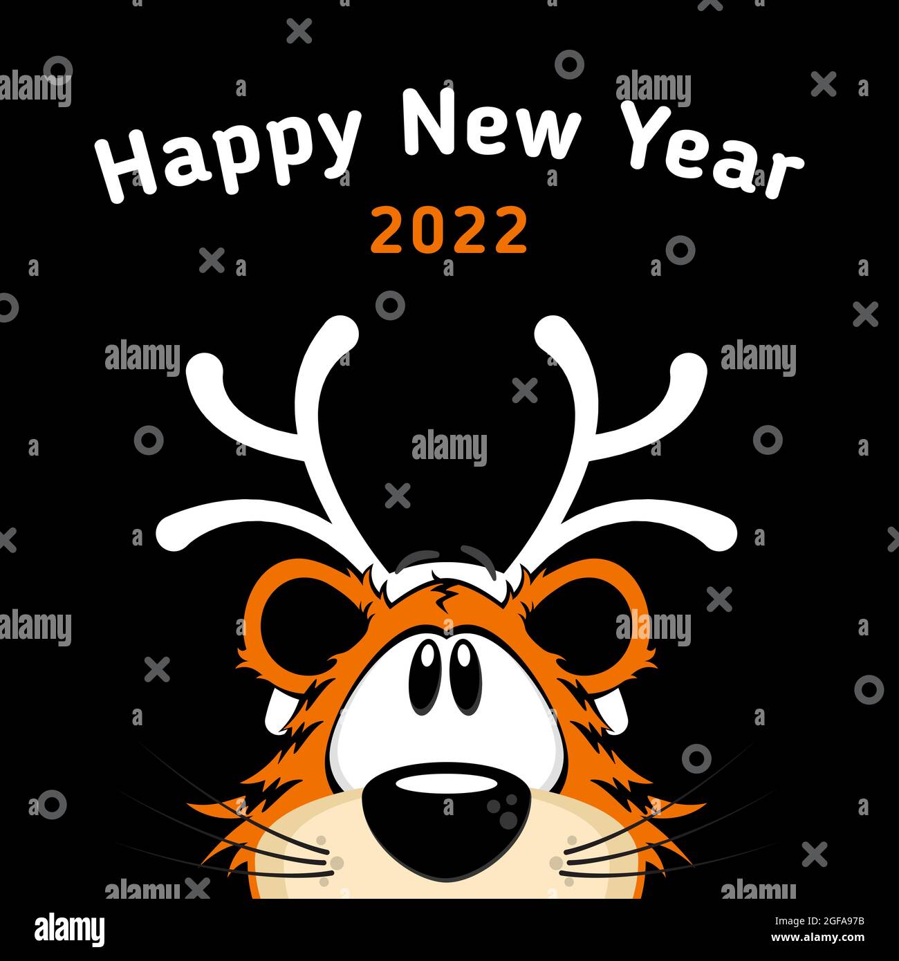Dessin animé tigre avec bois de cerf de Noël sur fond noir. Bannière bonne année Illustration de Vecteur