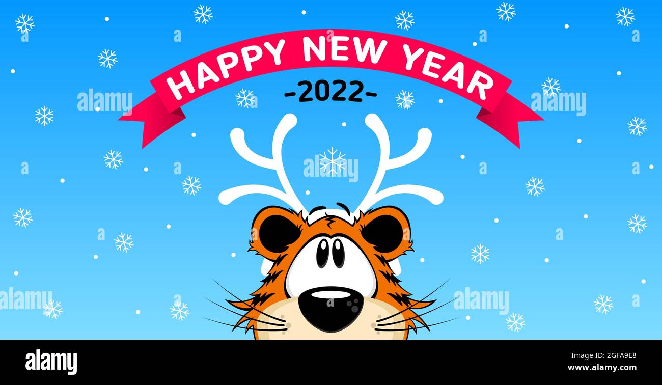 Masque amusant avec des bois de cerf de Noël sur la tête d'un tigre de bande dessinée sur un fond bleu avec des flocons de neige blancs. Bannière bonne année Illustration de Vecteur