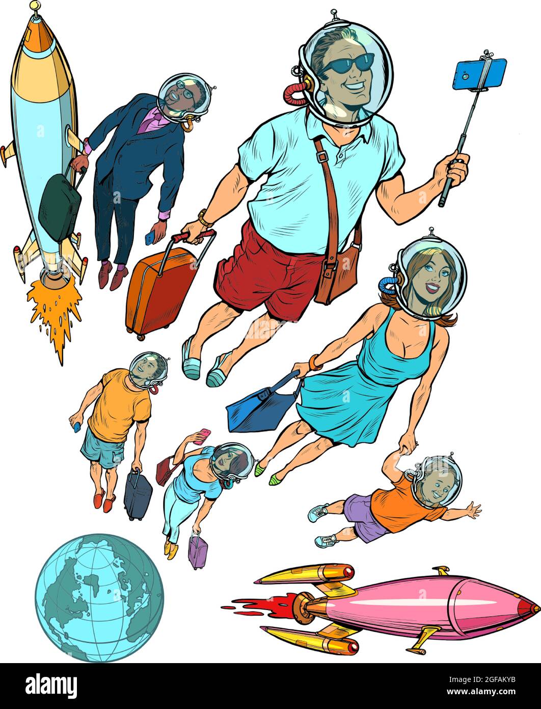 Concept de tourisme spatial. Les passagers des astronautes prennent l'avion pour les étoiles Illustration de Vecteur