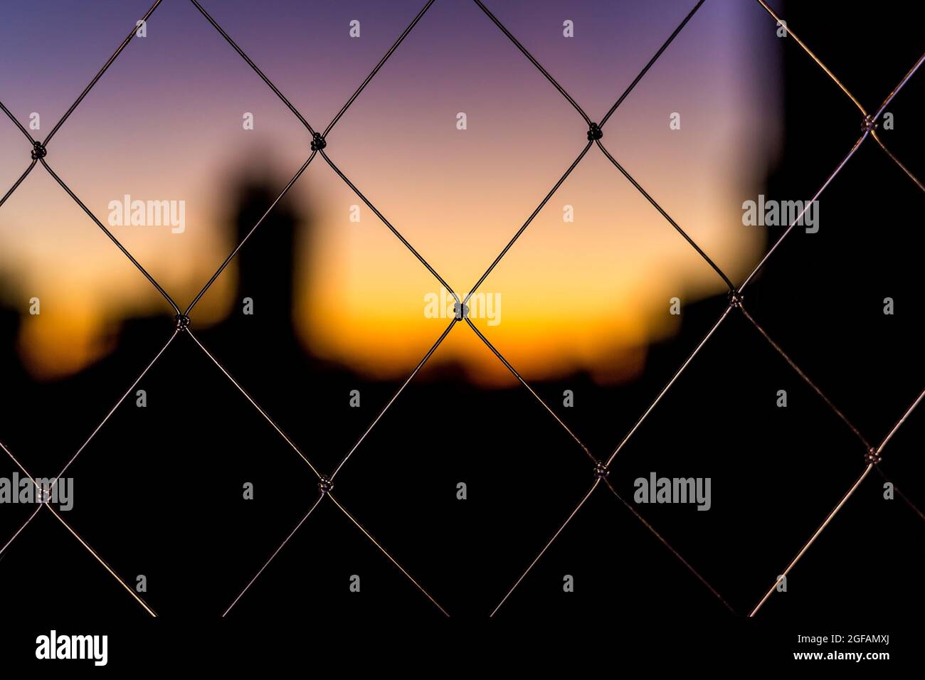 Filet de sécurité transparent. Filet de protection pour enfants et animaux. Pour balcon et fenêtres. En fils de nylon. Ciel de coucher de soleil. Banque D'Images