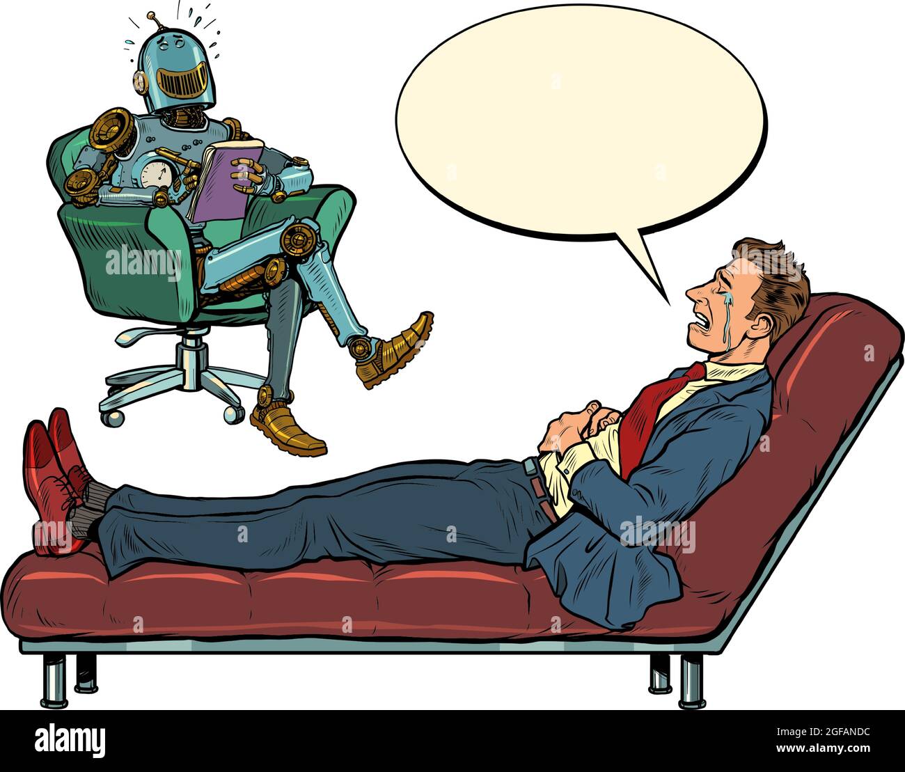 Un robot psychothérapeute lors d'une séance de psychothérapie avec un patient, rit et écoute un homme d'affaires, s'assoit dans une chaise et prend des notes dans un bloc-notes Illustration de Vecteur