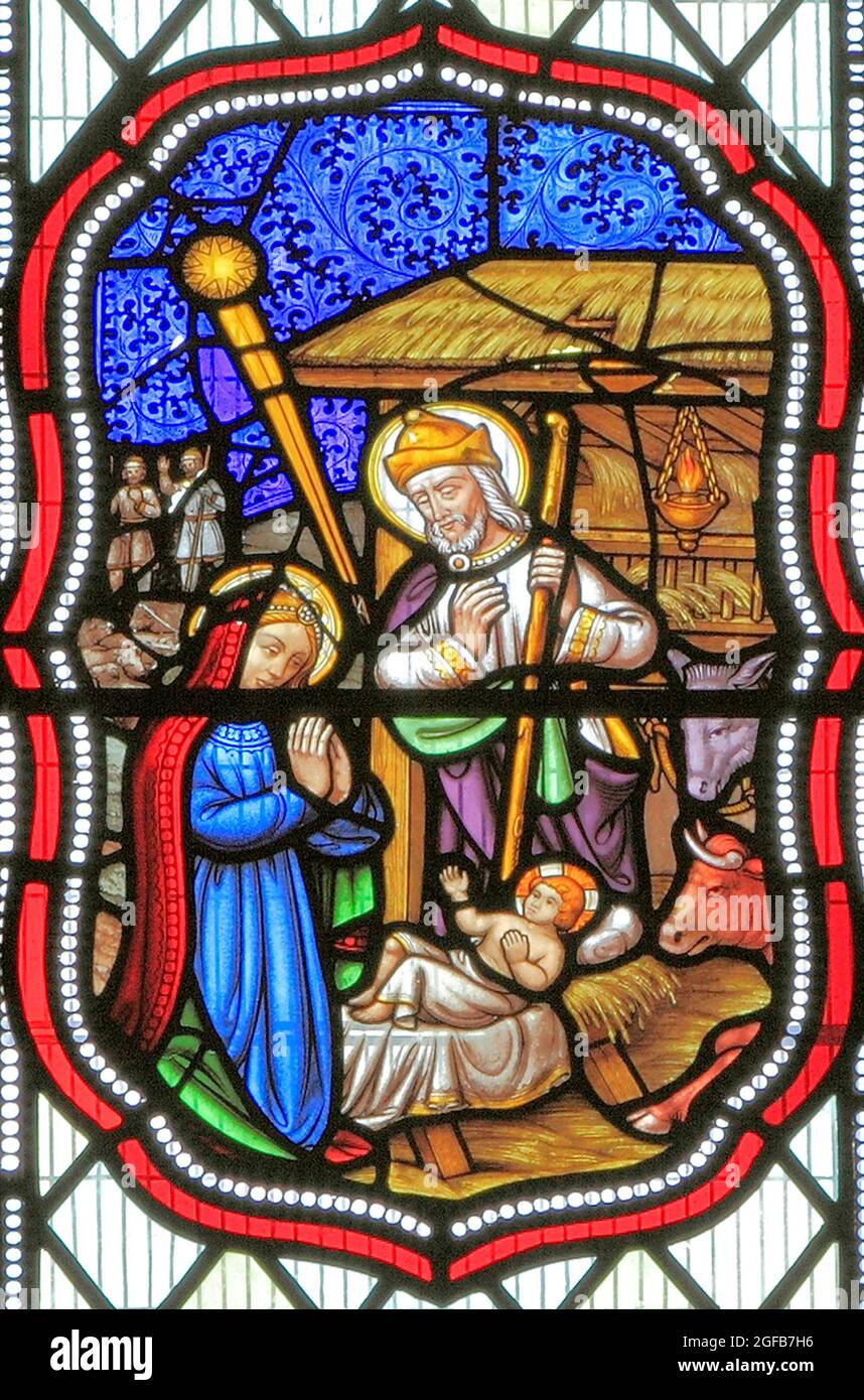 Naissance de Jésus, vitrail, 1860, la Nativité, Fakenham, Norfolk Banque D'Images