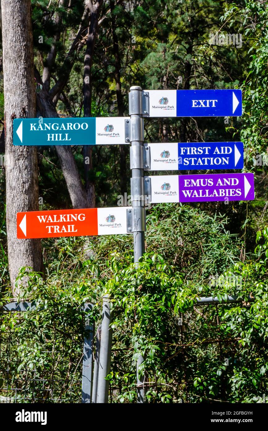 Panneaux indiquant Marsupial Park Tamworth Australia. Banque D'Images
