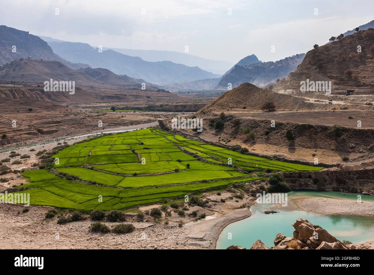 Rivière bordeaux et champ de riz dans les montagnes Zagros, route 63 près de Kalat, Kohgiluyeh et province de Boyer-Ahmad, Iran, Perse, Asie occidentale, Asie Banque D'Images