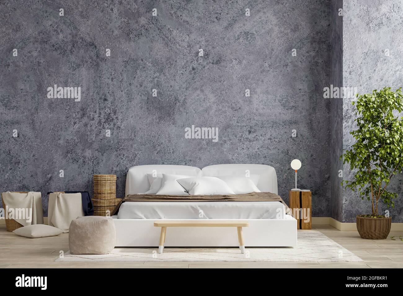 Intérieur de chambre dans le style de la ferme, maquette de mur en béton, rendu 3d Banque D'Images