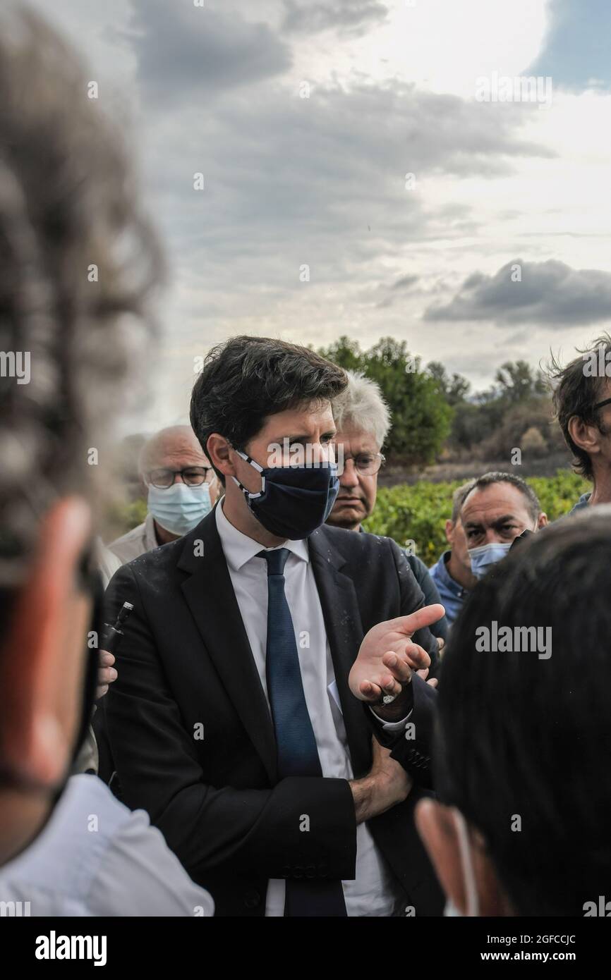 Le Luc en Provence, France. 24 août 2021. Julien Denormandie vu en discussion avec les viticulteurs victimes de l'incendie dans la plaine du Var. Le feu de forêt qui a commencé le 16 août dans la commune de Gonfaron, dans le département du Var, est maintenant éteint, après 8 jours d'efforts intenses (plus d'un millier d'hommes ont été déployés). Le feu a défiguré le massif des Maures, ayant ravagé une superficie de 7100 hectares, ce qui en fait le feu le plus important de la France continentale depuis 31 ans. Crédit : SOPA Images Limited/Alamy Live News Banque D'Images