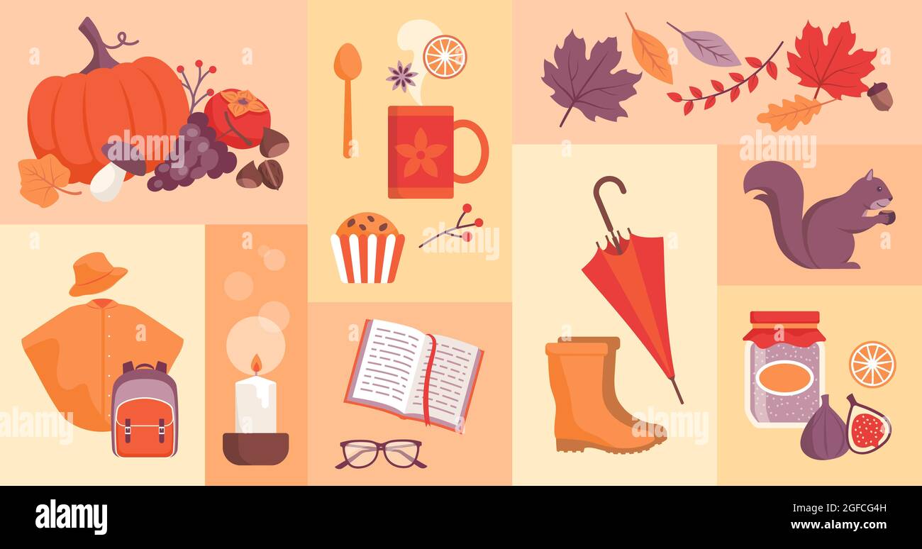 Icônes de la saison d'automne : nourriture, retour à l'école, nature et objets Illustration de Vecteur