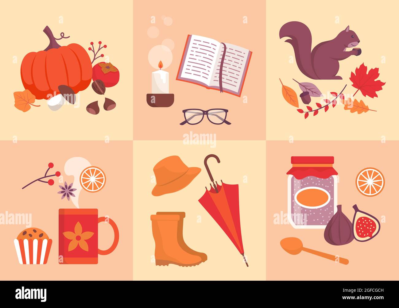 Ensemble d'icônes de la saison d'automne : fruits, légumes et objets Illustration de Vecteur