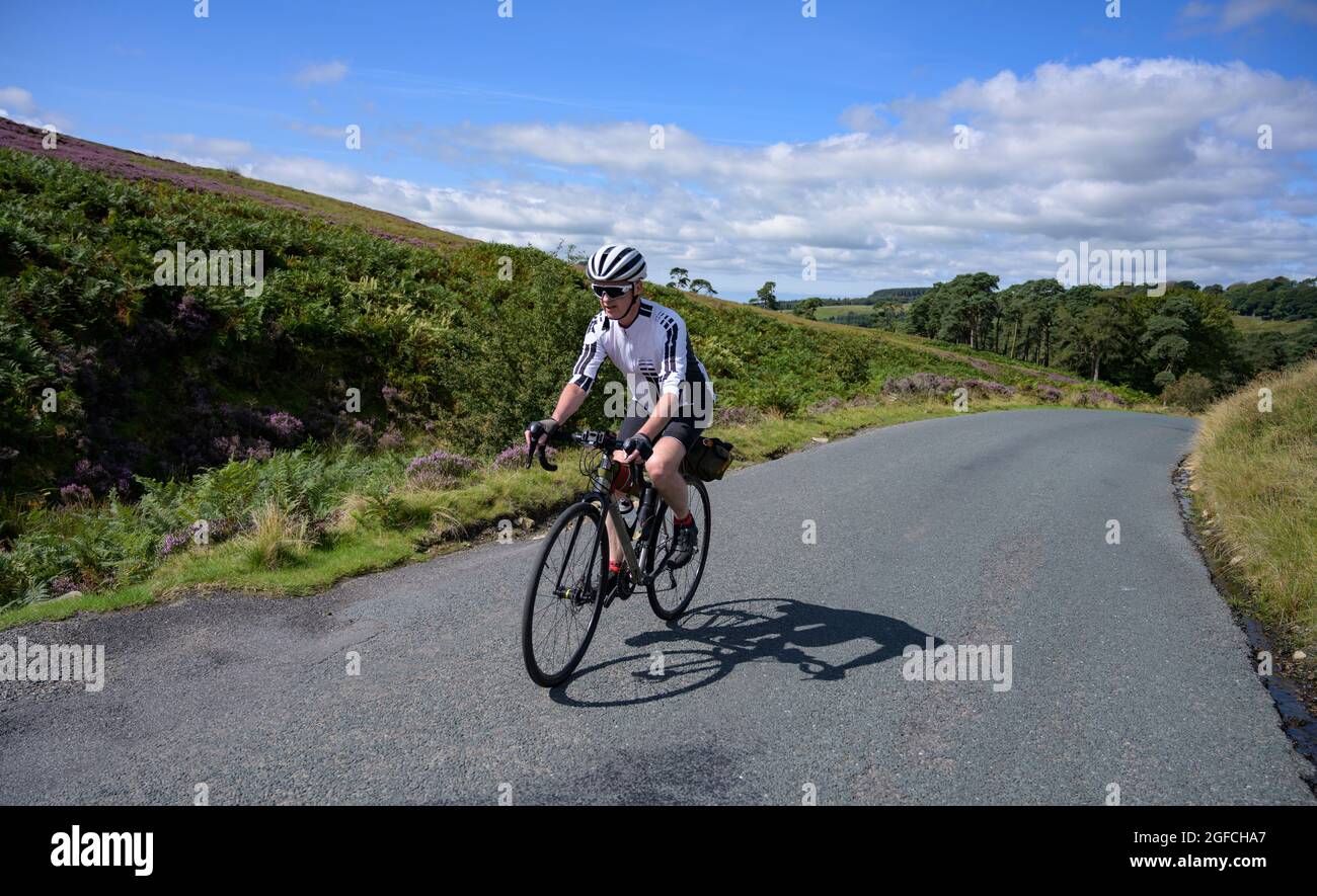 Cycliste de sexe masculin mature traversant le creux de Bowland, Lancashire, Royaume-Uni. Banque D'Images