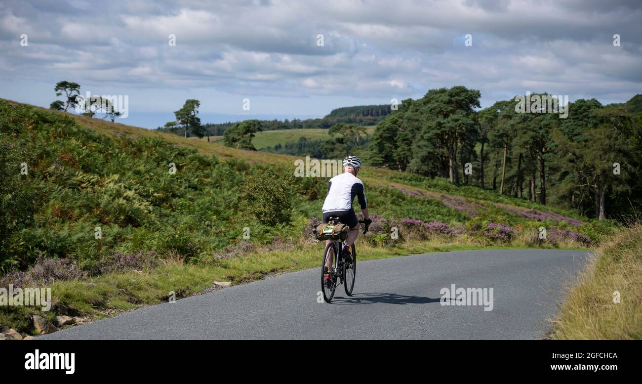 Cycliste de sexe masculin mature traversant le creux de Bowland, Lancashire, Royaume-Uni. Banque D'Images