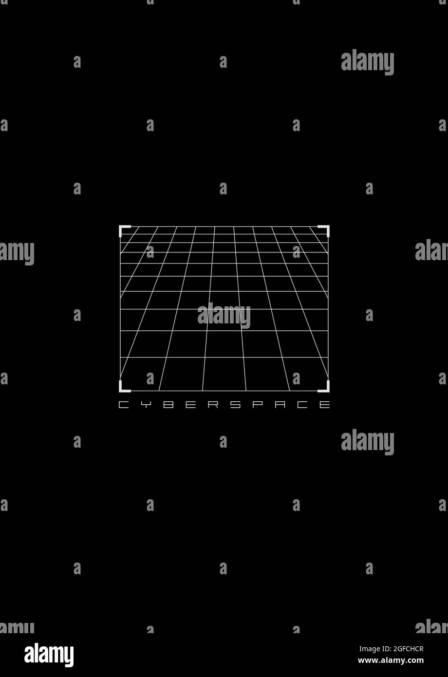 T-shirt et vêtements de style cyberespace avec grille de perspective dans un cadre carré de style HUD. Esthétique de la cyber-culture. Impression noir et blanc. Vecteur Illustration de Vecteur