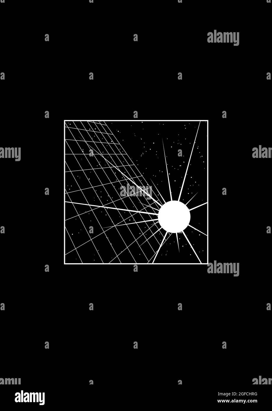 T-shirt et vêtements Rewave avec grille de perspective dans l'espace étoilé et explosion d'étoiles. L'esthétique des années 1980. Impression noir et blanc. Vecteur Illustration de Vecteur