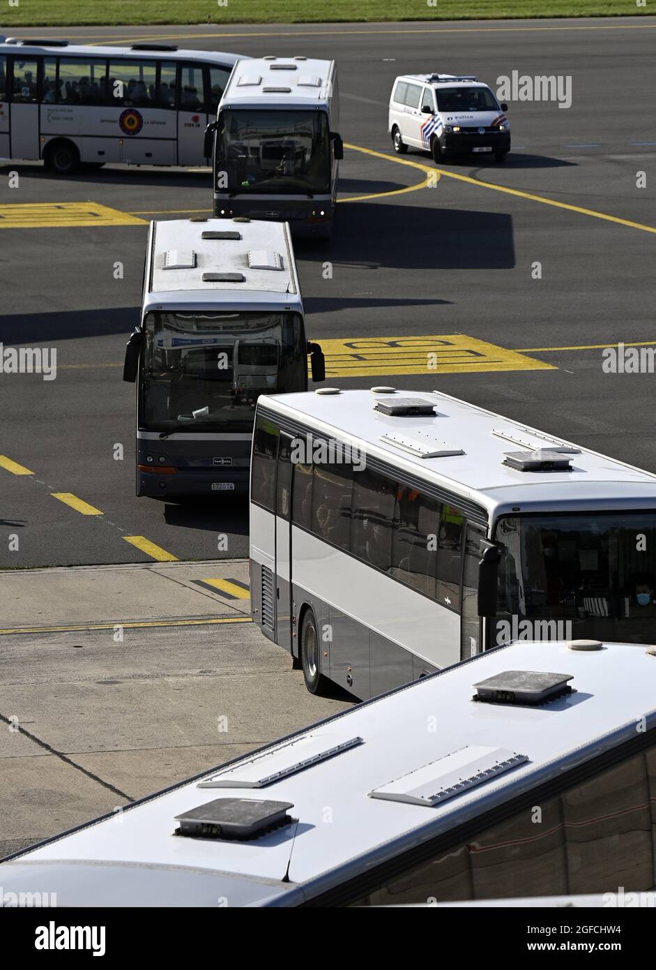 L'illustration montre des bus avec des personnes évacuées partant après l'arrivée d'un avion militaire affrété Airbus A330 MRTT transportant des personnes évacuées Banque D'Images