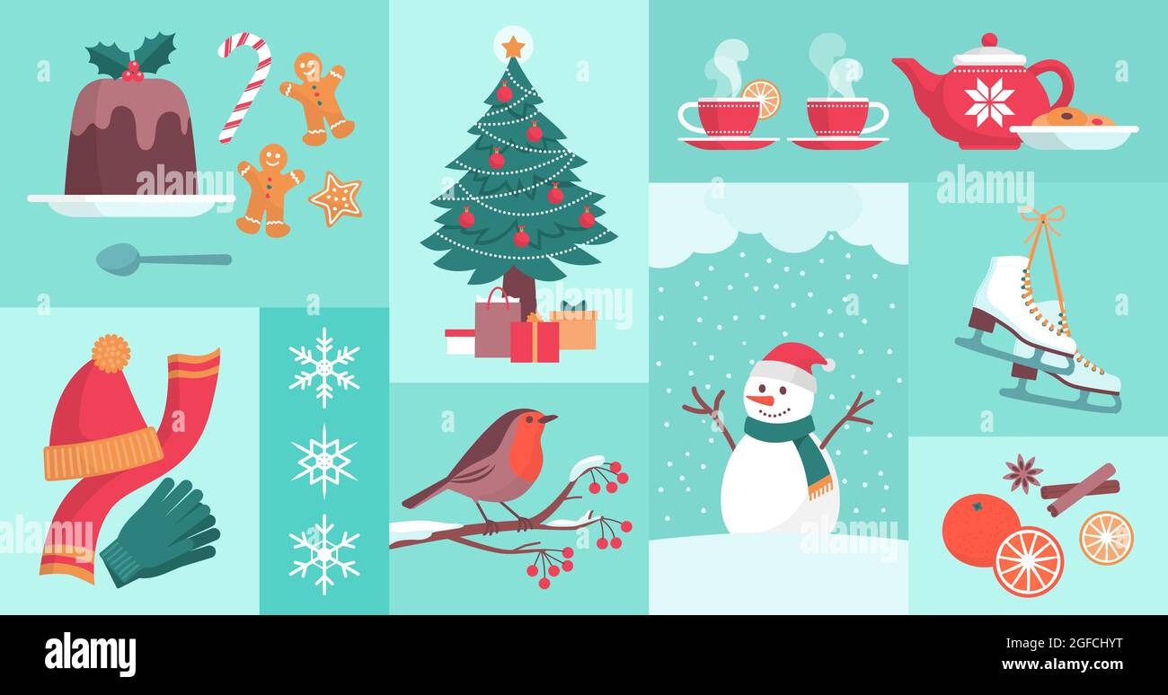 Les icônes de la saison d'hiver et des fêtes de Noël, les vacances d'hiver et le thème du mode de vie Illustration de Vecteur