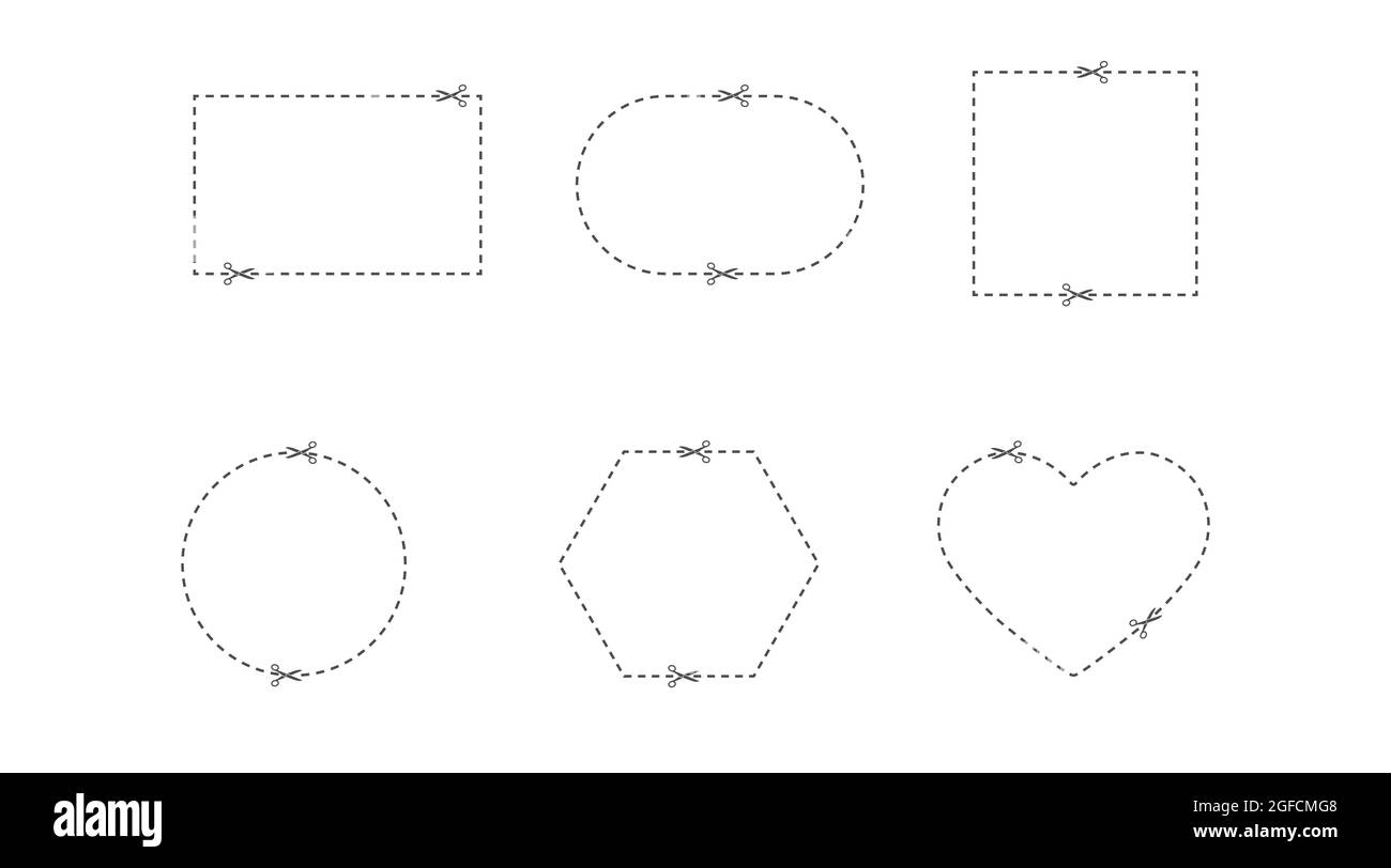 ensemble de lignes de coupe de formes différentes. Un champ pour couper avec des ciseaux le long de la ligne. Découpez le coupon. Style plat Illustration de Vecteur