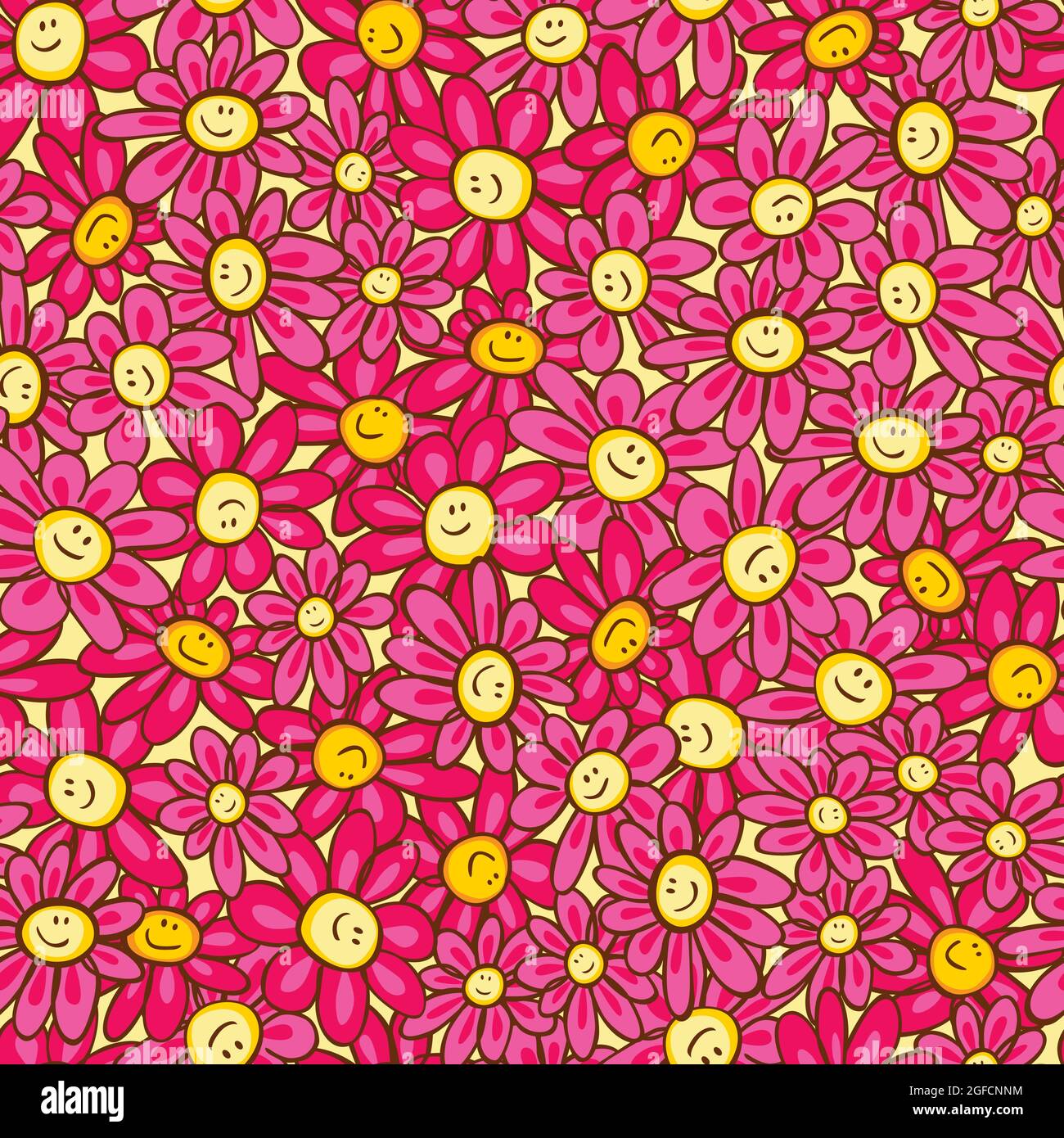 Rose vectoriel Doodle mignon heureux visage smiley fleurs sans couture répéter le motif. Convient pour le textile, l'emballage cadeau et le papier peint. Illustration de Vecteur